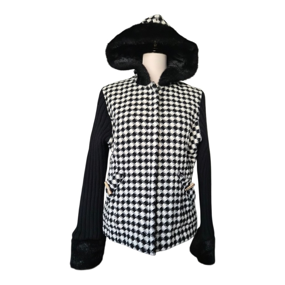 Nils Houndstooth Ski Jacket Women's L Faux Fur Hood Knit Sleeves Quilted Lined